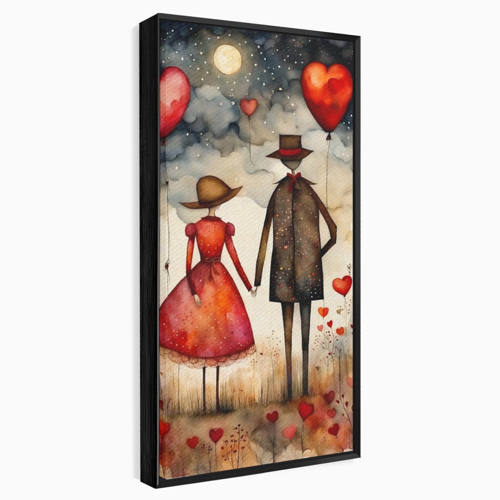 Tablou canvas cu ilustratie cu cuplu si baloane rosii in forma de inima, in rama de aluminiu negru